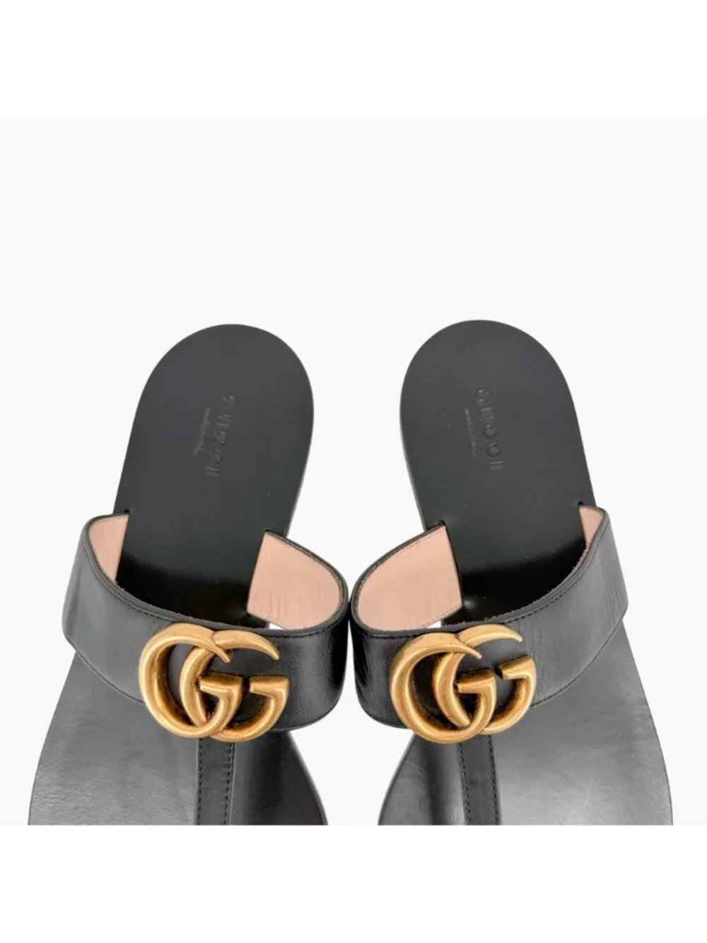 Gucci GG Marmont Thong Sandals Black Leather Size 40 US 10 Women's Flat Slides
